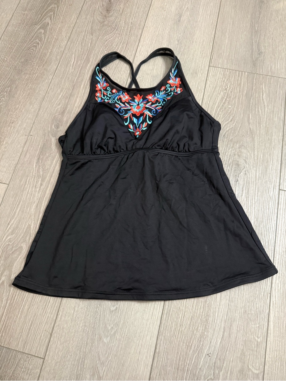 Black Tankini Top with Colorful Embroidered/Mesh Neckline